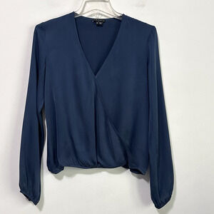 Theory Top Silk S Surplice Wrap Long Sleeve V Neck Blouson Work Party Blue Shirt
